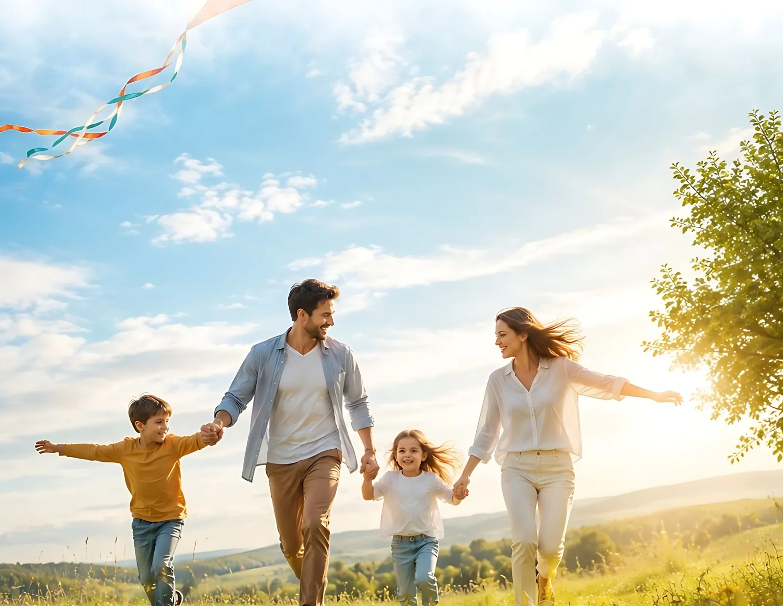 Çayırda el ele koşan aile